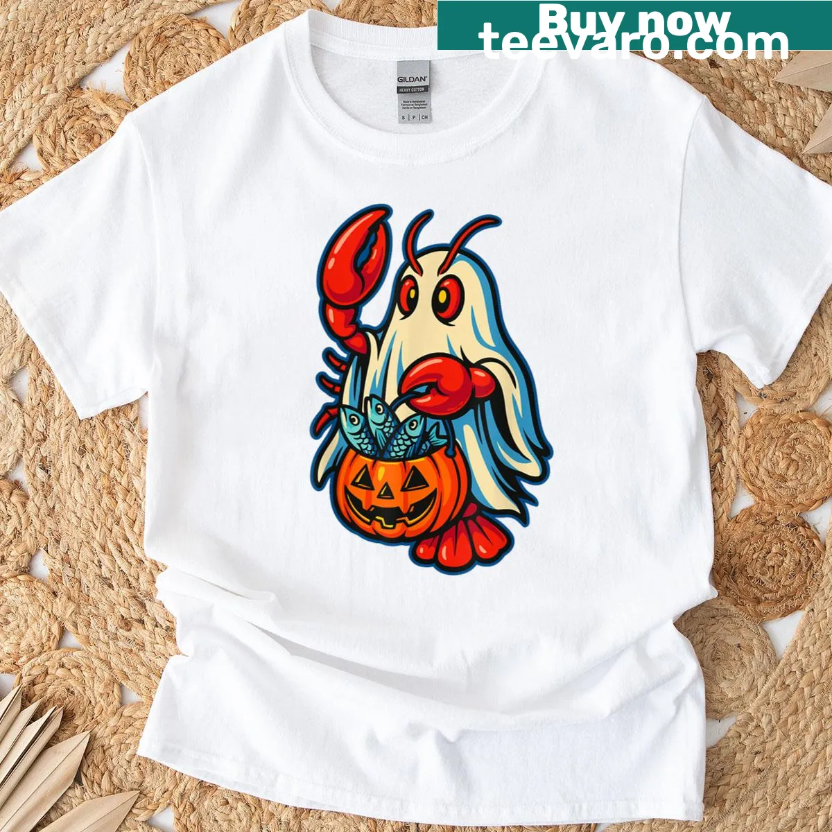 Comical lobster ghost graphic with sardines for Halloween — on a men's t-shirt