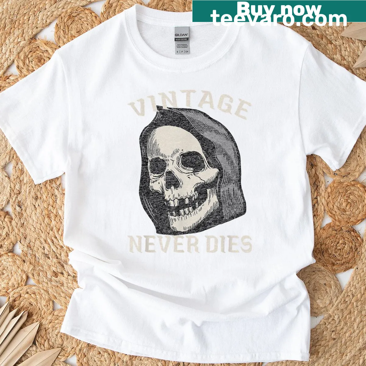 Vintage graphic t-shirt featuring a funny old man skeleton design — on a men's t-shirt