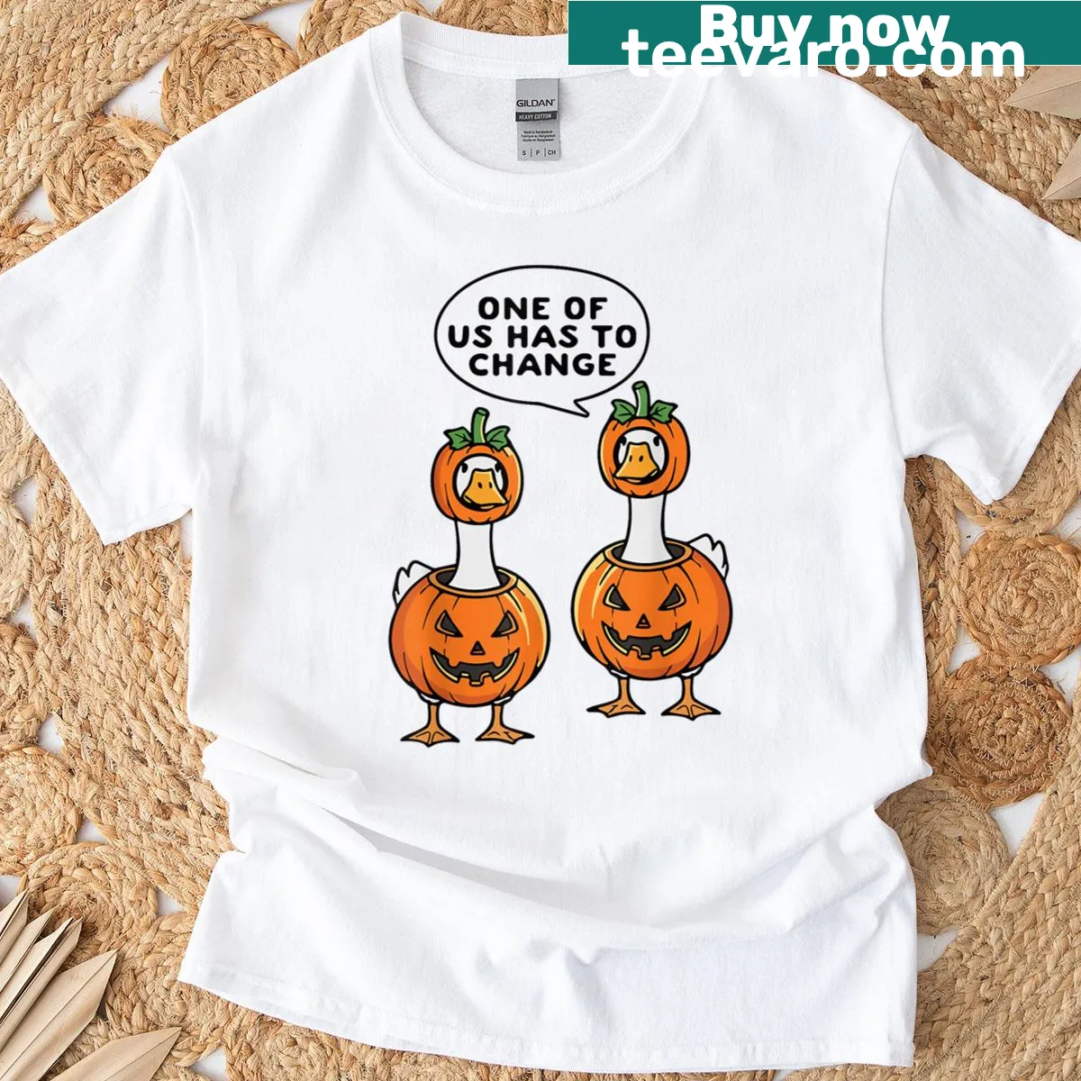 Cartoon pumpkin graphic with funny Halloween text on t-shirt — on a men's t-shirt