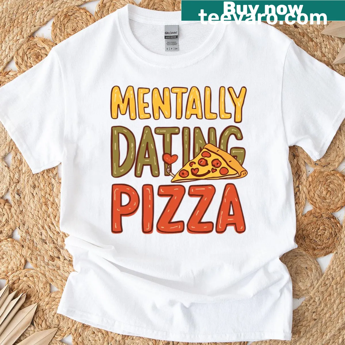 Witty pizza-themed T-shirt with humorous dating quote — on a men's t-shirt
