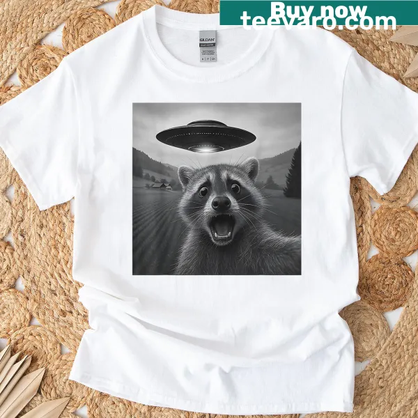 Cartoon raccoon selfie with UFO in a cute space theme