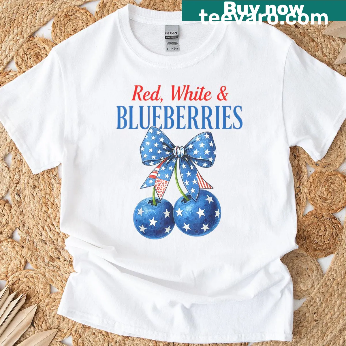 Patriotic T-shirt featuring blueberries with a coquette bow design — on a men's t-shirt