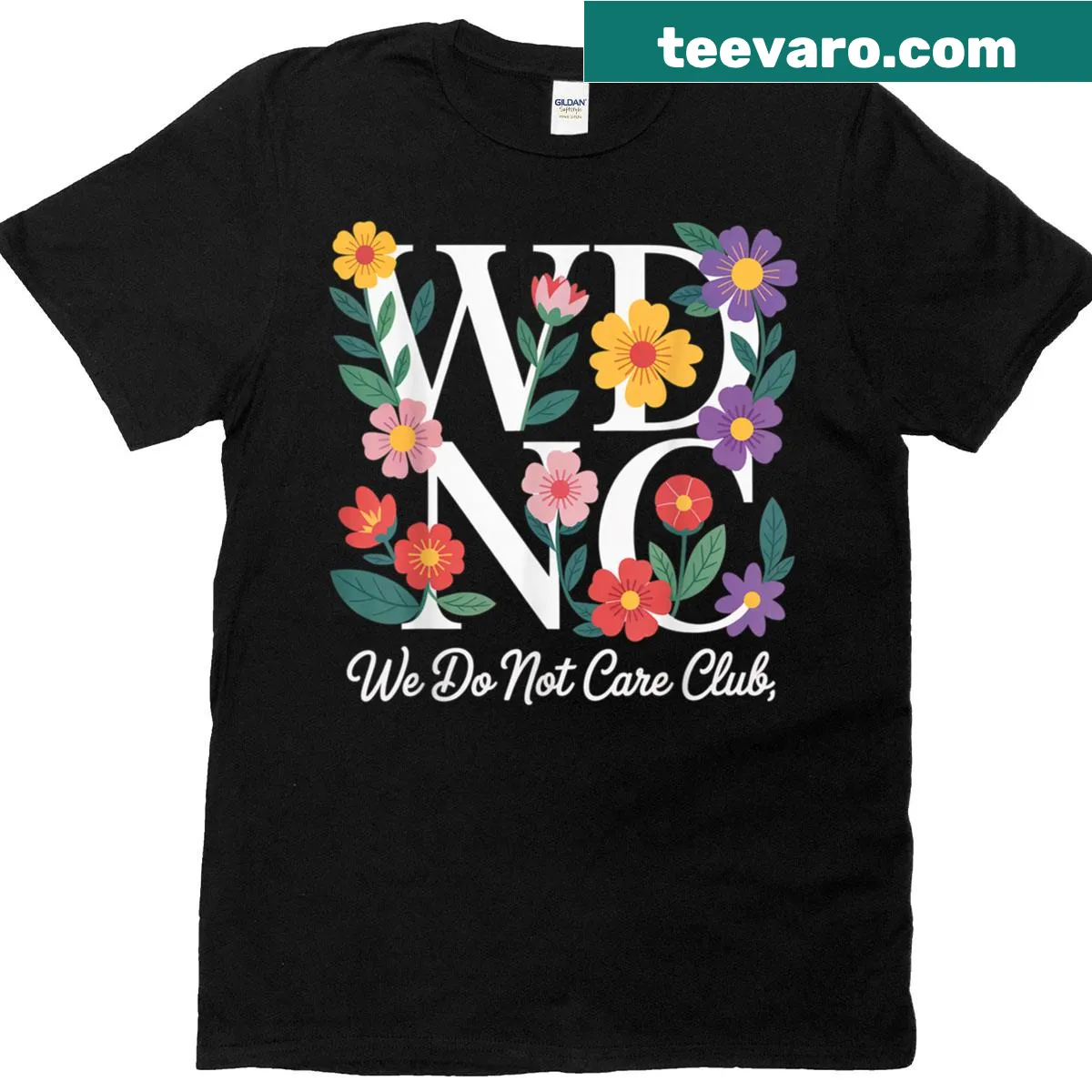 Retro floral t-shirt with 'Wdnc We Do Not Care Club' text — on a men's t-shirt