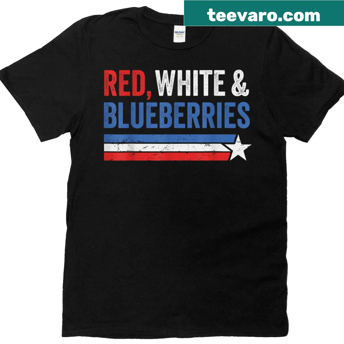 Fun patriotic T-shirt with blueberries and American flags graphic — on a men's t-shirt