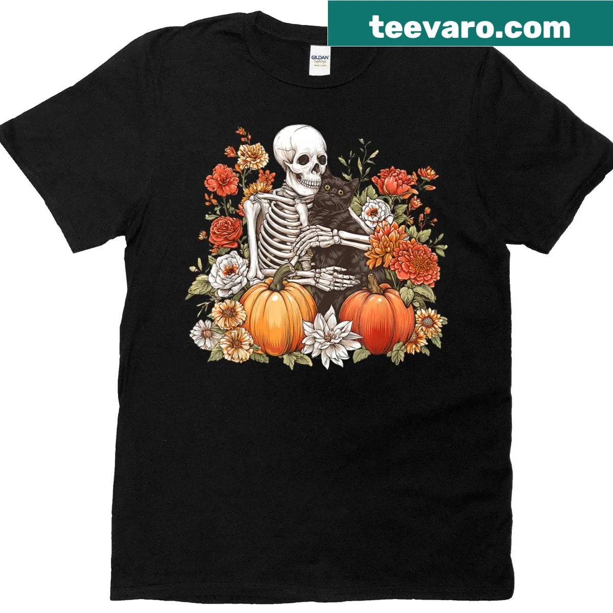 Halloween t-shirt with skeleton hugging cat and pumpkin illustration — on a men's t-shirt