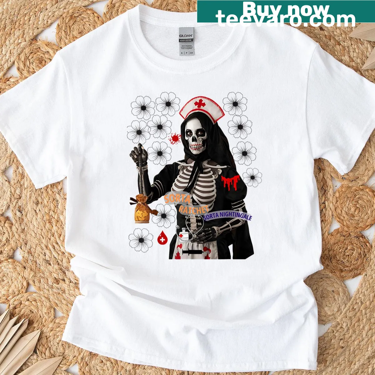 Cartoon skeleton nurse graphic for Halloween, humorous design. — on a men's t-shirt