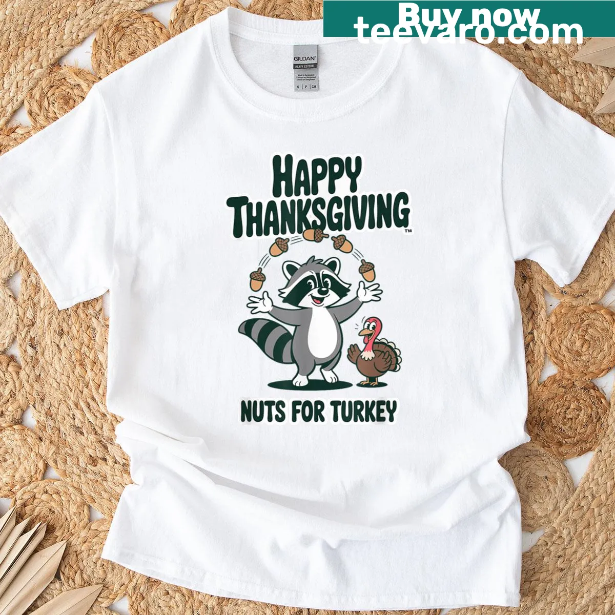 Thanksgiving t-shirt featuring a funny cartoon raccoon with a turkey — on a men's t-shirt