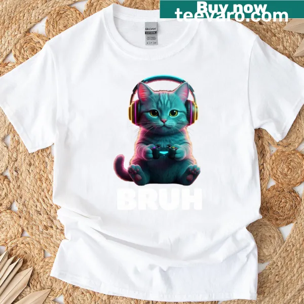 Cartoon cat gamer graphic with 'bruh' text, humorous design for gamers.