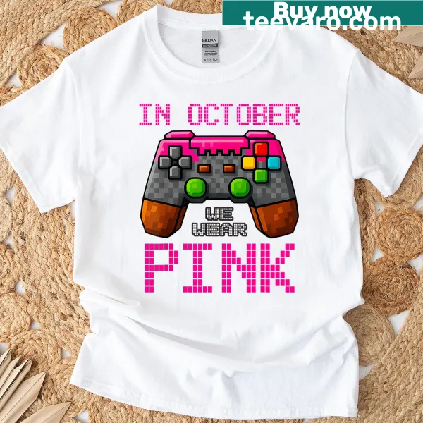 Gaming T-shirt with pixel controller and 'In October We Wear Pink' text