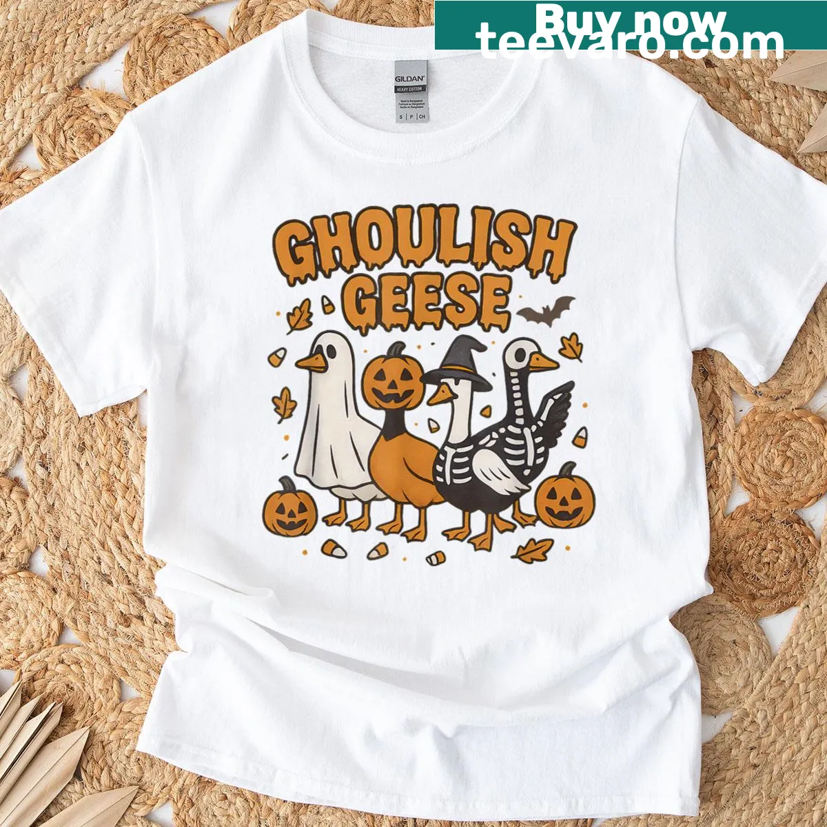 Illustrated ghoulish geese graphic for Halloween t-shirt — on a men's t-shirt