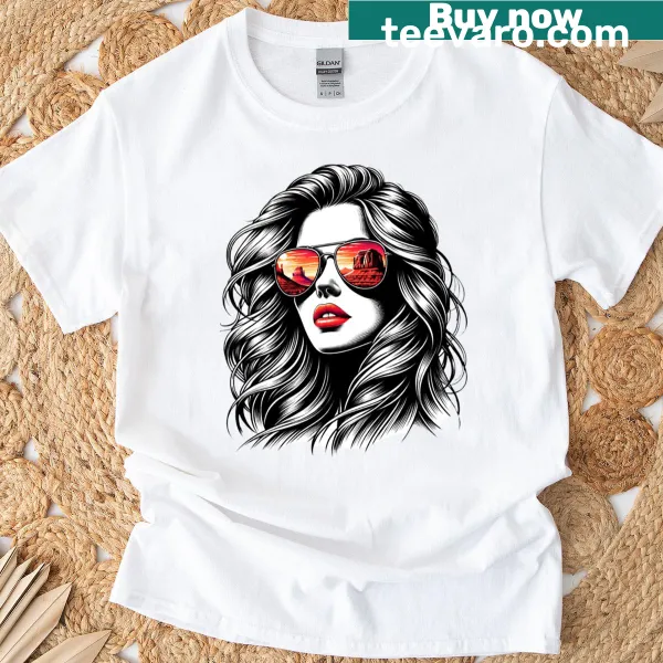 Illustrative T-shirt featuring a girl with sunglasses and a desert reflection