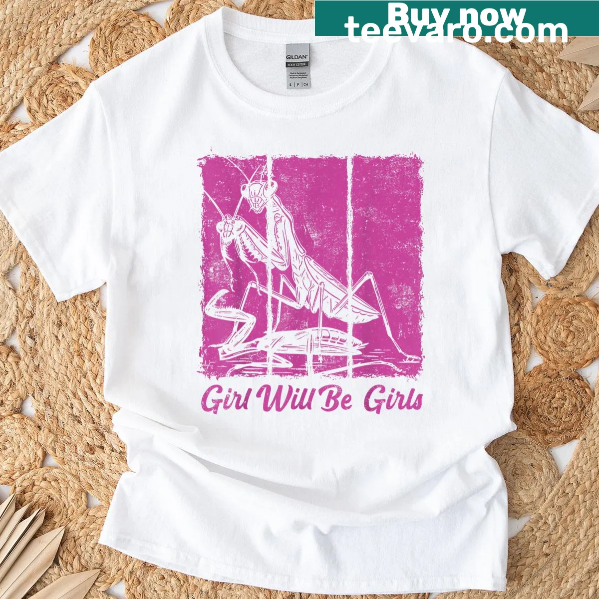 Illustration of a playful girl-like mantis, fun and quirky design. — on a men's t-shirt