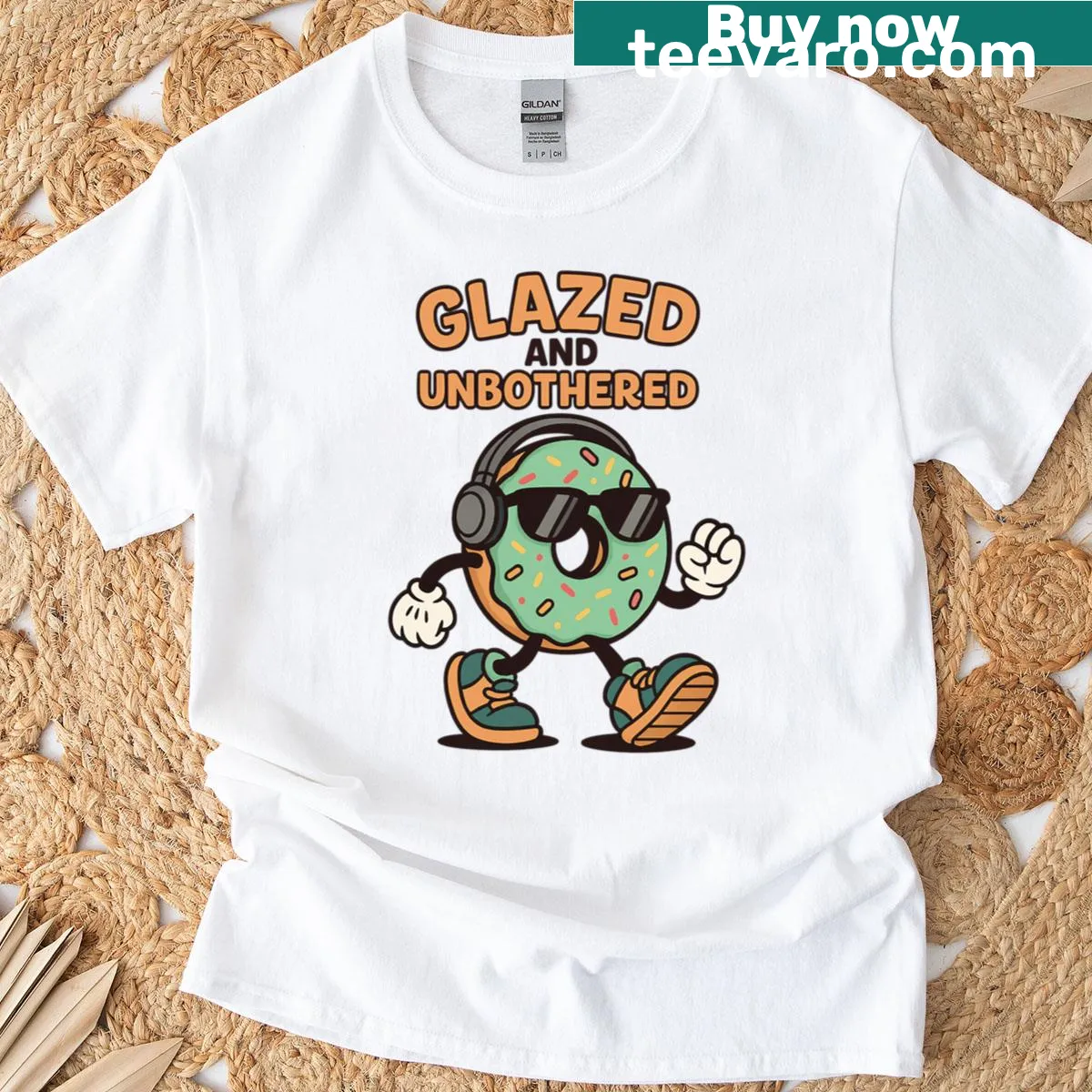 Illustration of a donut with the phrase 'Glazed And Unbothered' — on a men's t-shirt