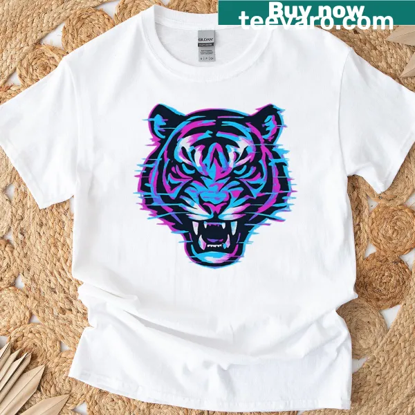 Cyber tiger head graphic in glitchcore style on a t-shirt