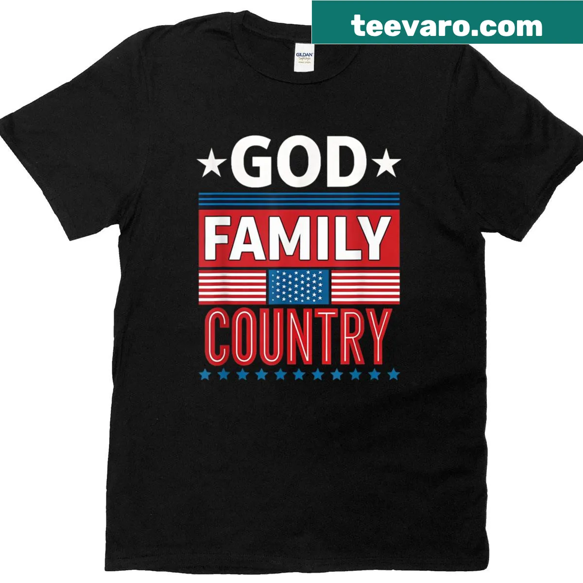 Inspirational t-shirt highlighting God, family, country, and patriotism — on a men's t-shirt