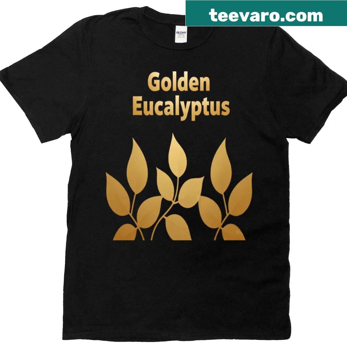 Illustrative T-shirt featuring golden eucalyptus leaves — on a men's t-shirt