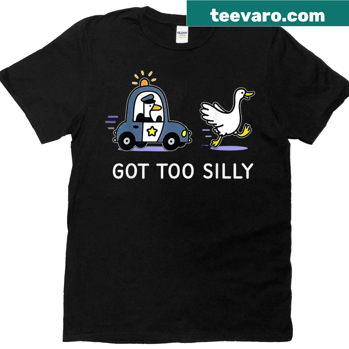 Funny T-shirt featuring a cartoon goose police graphic and pun — on a men's t-shirt