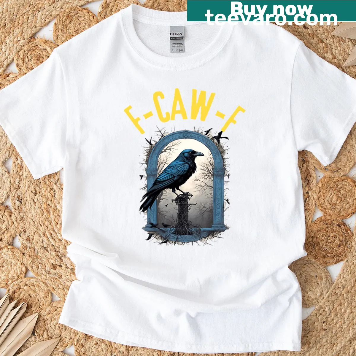 Gothic T-shirt with dark humor and black bird graphic — on a men's t-shirt