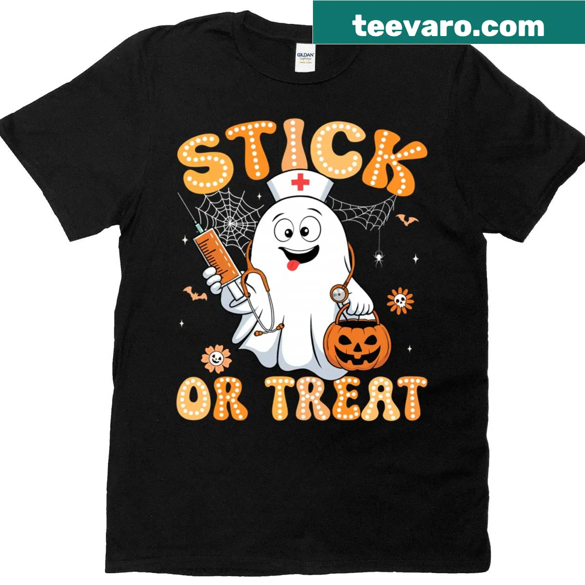 Women’s Halloween T-shirt with funny nurse-themed graphics — on a men's t-shirt