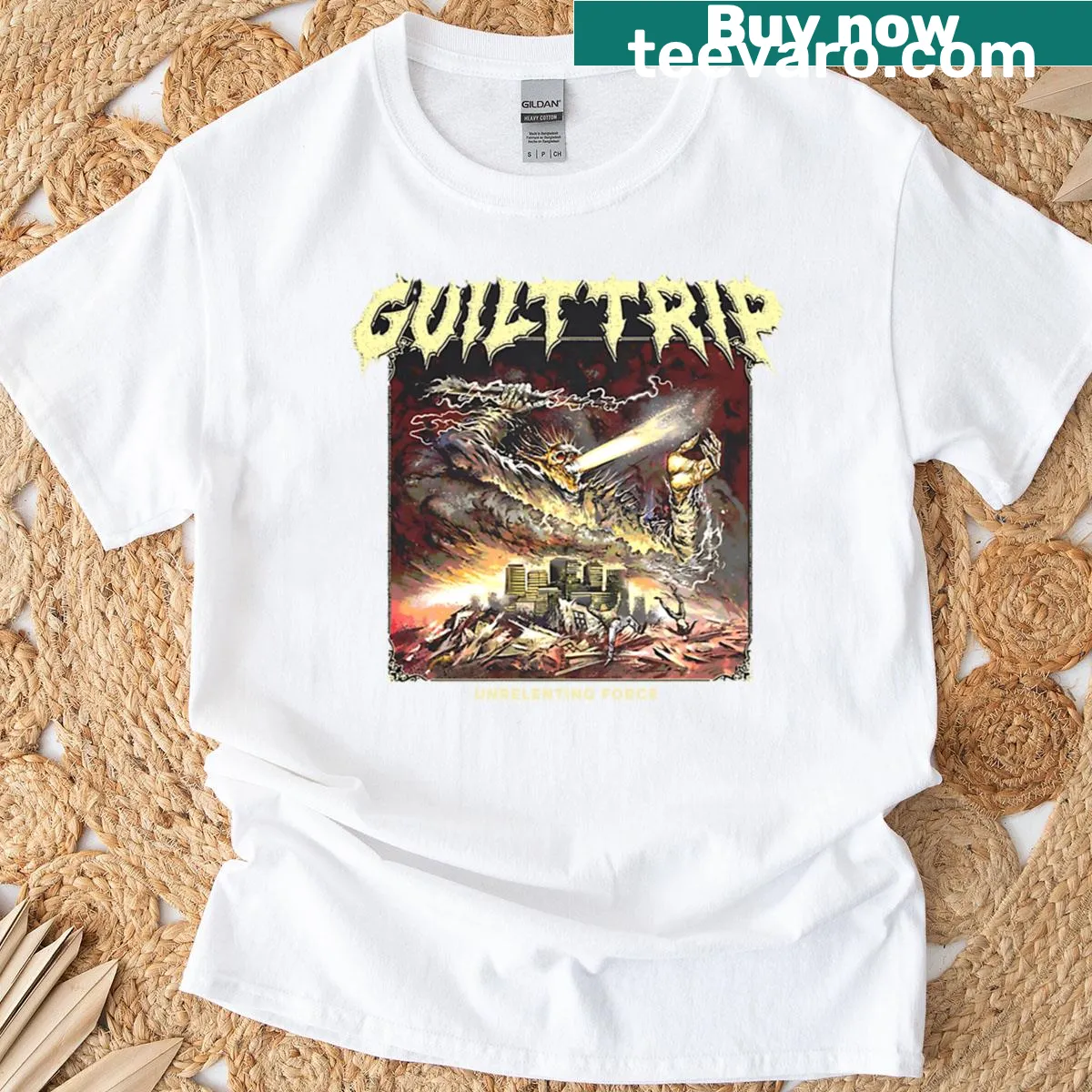 Bold typography t-shirt featuring 'Guilt Trip - Unrelenting Force' — on a men's t-shirt