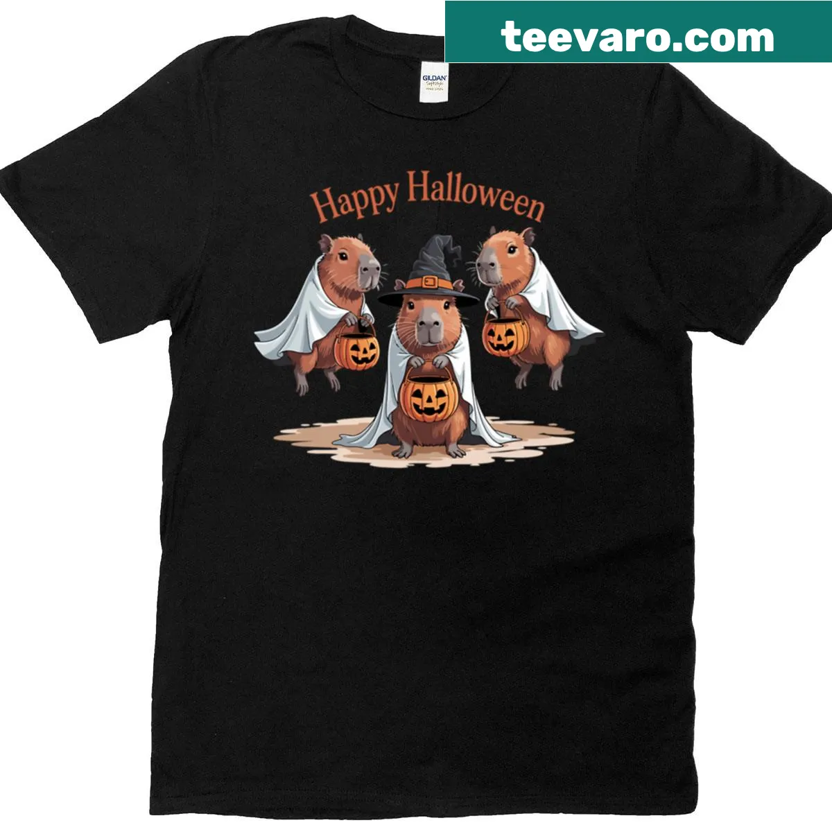 Cute Halloween capybara t-shirt with ghost design — on a men's t-shirt