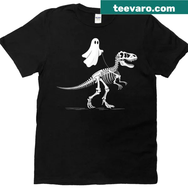 Funny T-shirt featuring a walking ghost dinosaur skeleton design.