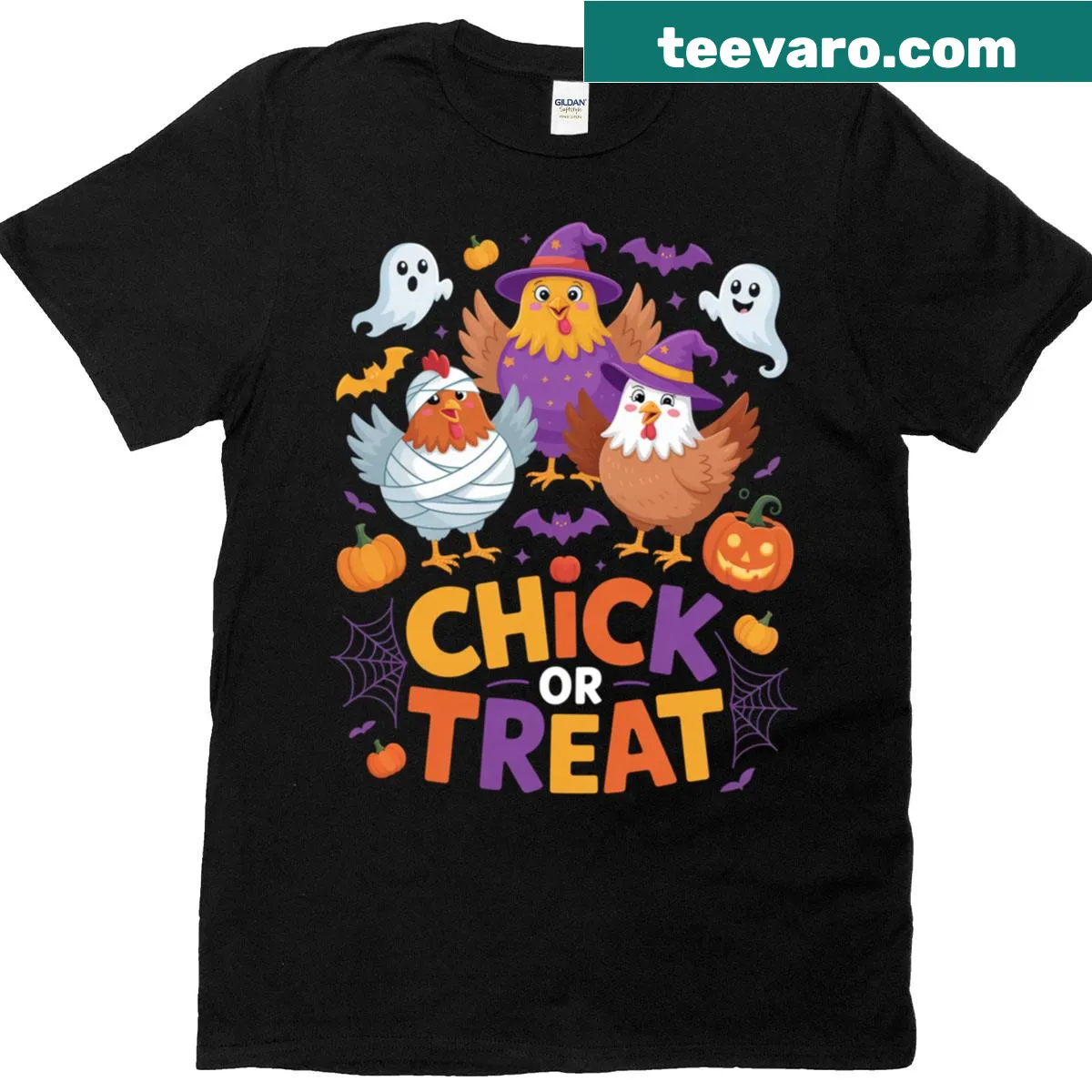 Chick or Treat Halloween t-shirt with pumpkins and chickens — on a men's t-shirt