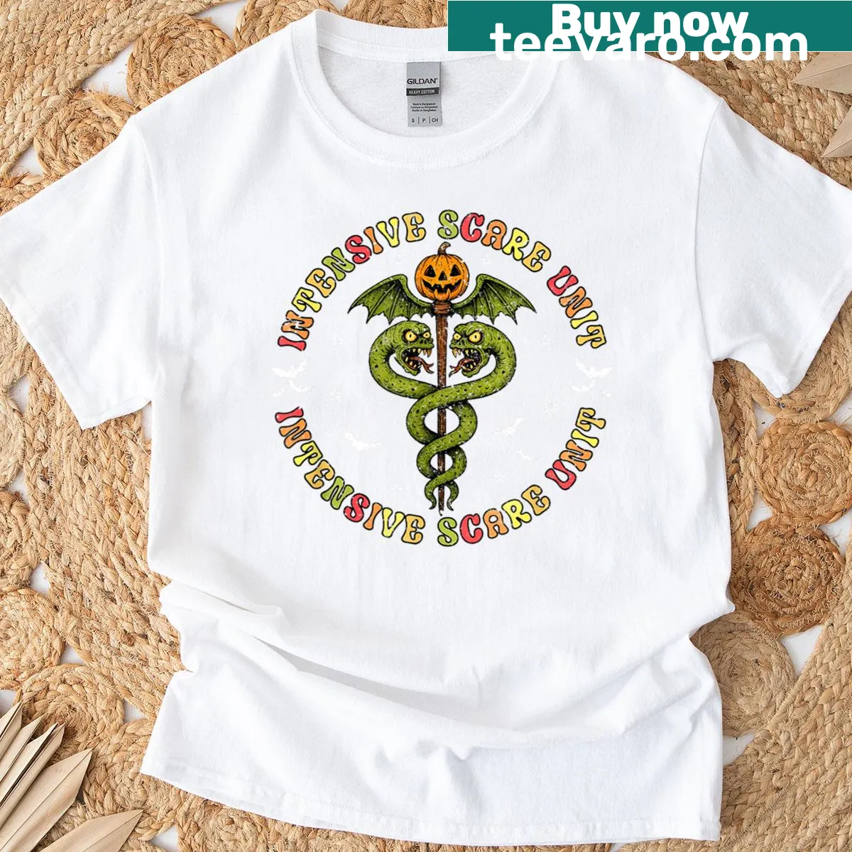 Spooky nurse t-shirt with Halloween Intensive Care Scare Unit graphic — on a men's t-shirt