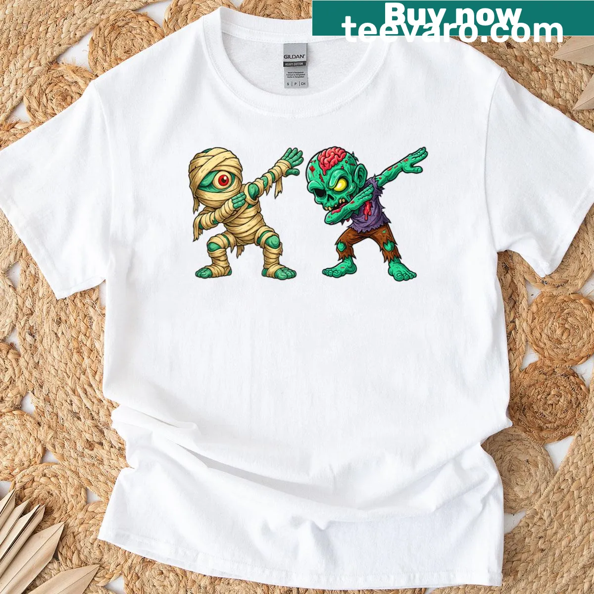 T-shirt featuring a dabbing mummy zombie design for Halloween. — on a men's t-shirt