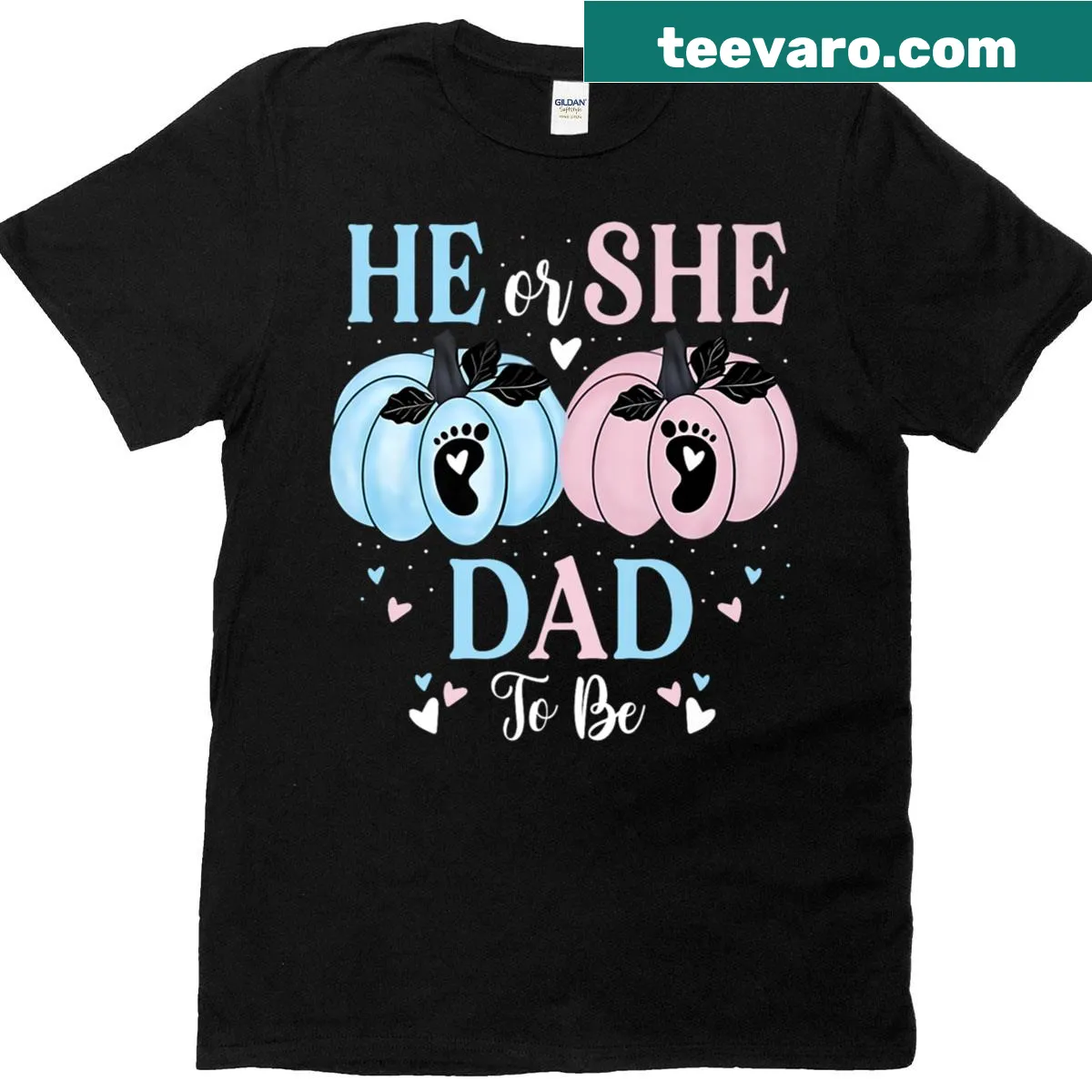 Halloween-themed T-shirt for gender reveal featuring pumpkin graphics. — on a men's t-shirt