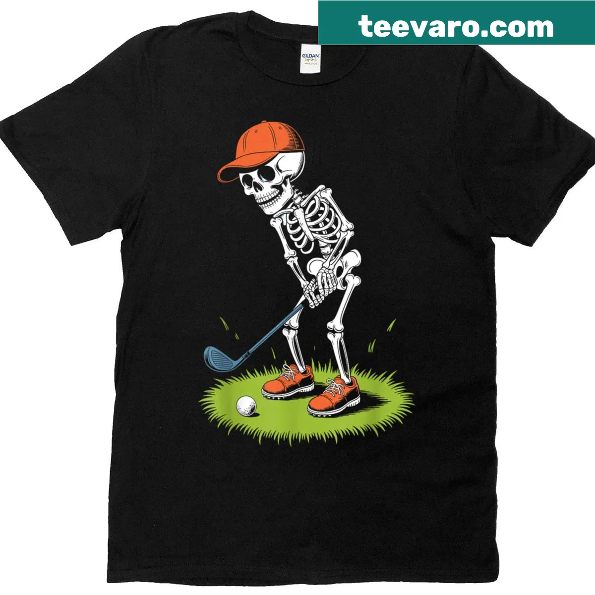 Funny Halloween shirt featuring a skeleton playing golf. — on a men's t-shirt