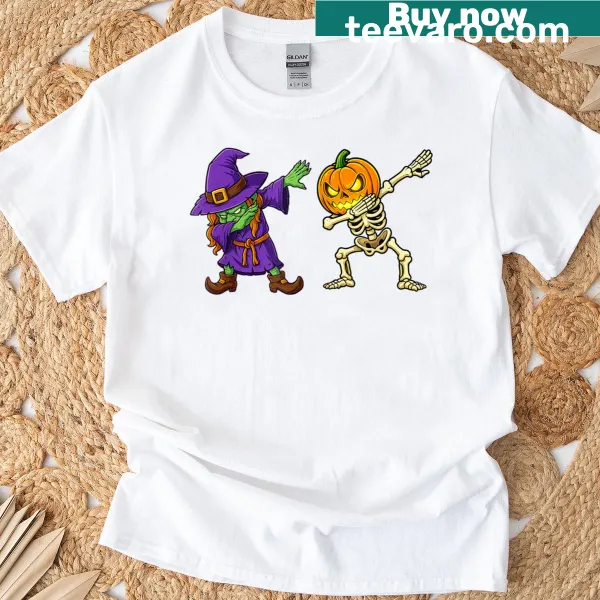 Cartoon skeleton witch dabbing with pumpkins for Halloween