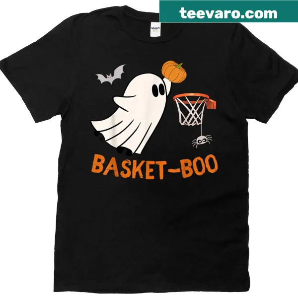 Halloween-themed T-shirt with a ghost playing basketball