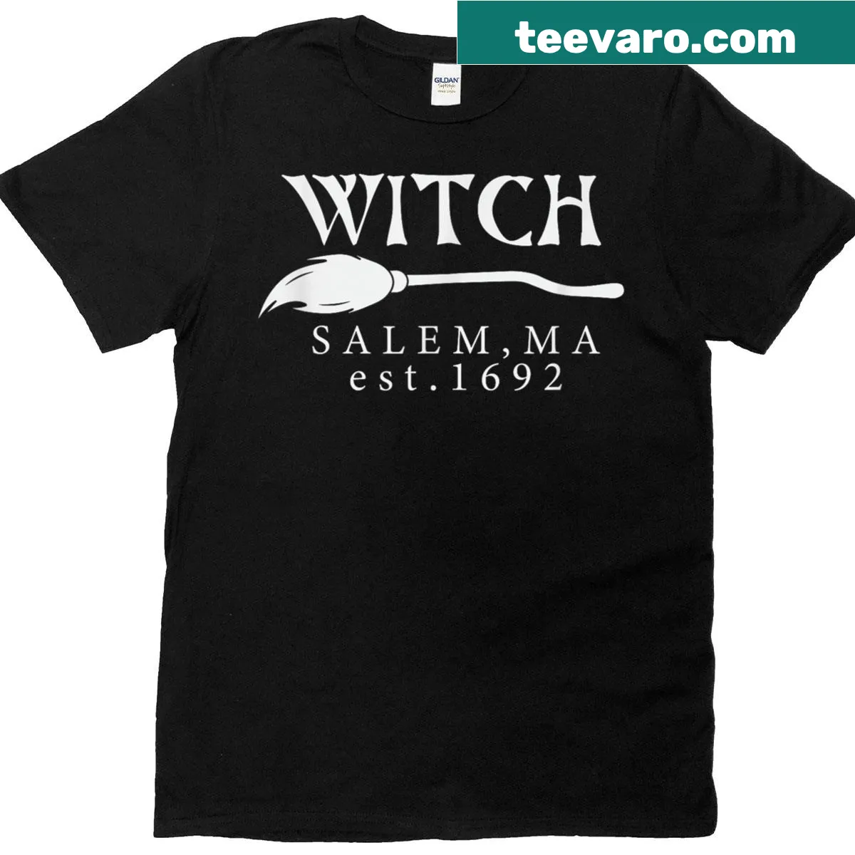 Womens graphic T-shirt featuring witch and Salem historical design — on a men's t-shirt
