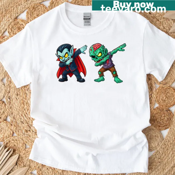 Dabbing zombie-vampire graphic on a Halloween T-shirt