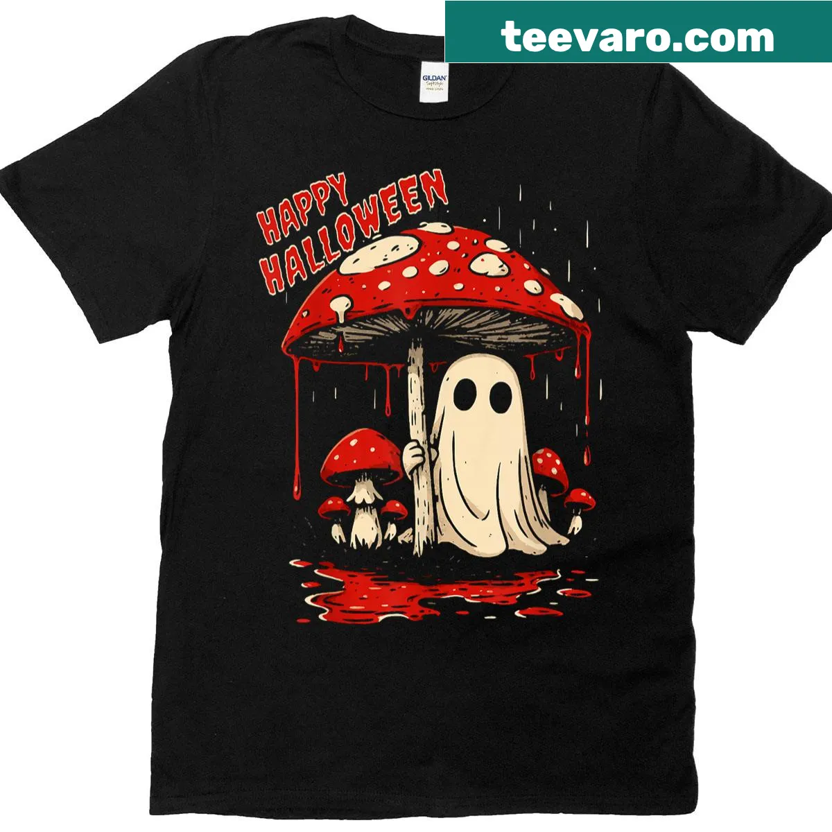 Happy Halloween t-shirt featuring a cute ghost illustration — on a men's t-shirt