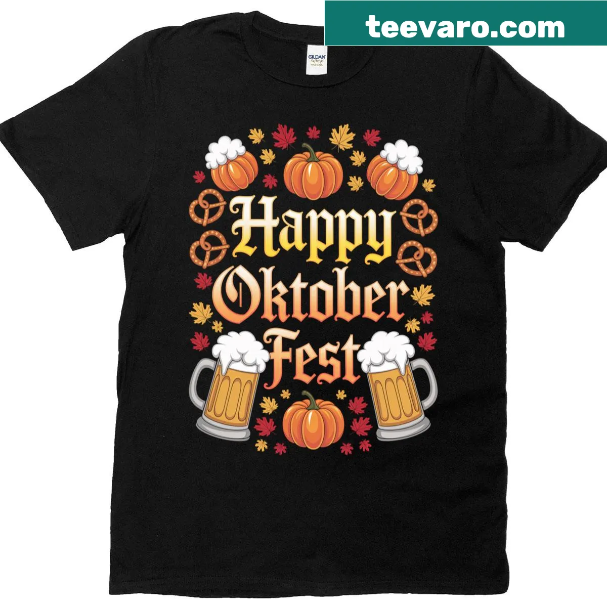 Festive Oktoberfest t-shirt with beer, pretzel, and pumpkin graphics — on a men's t-shirt