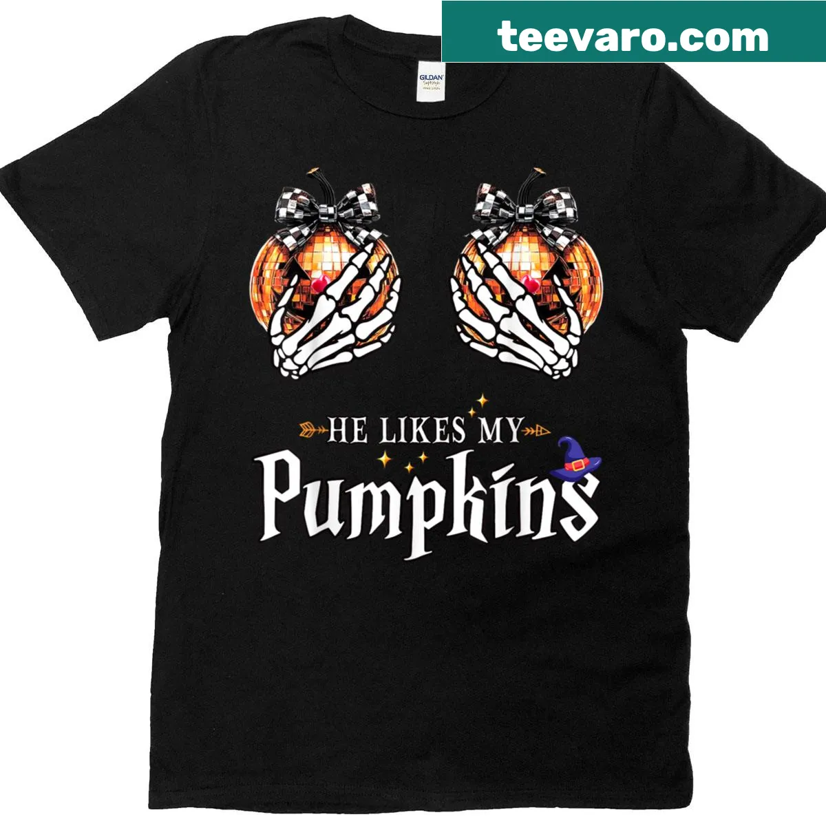 Couples Halloween t-shirt with skeleton hand and pumpkins design — on a men's t-shirt