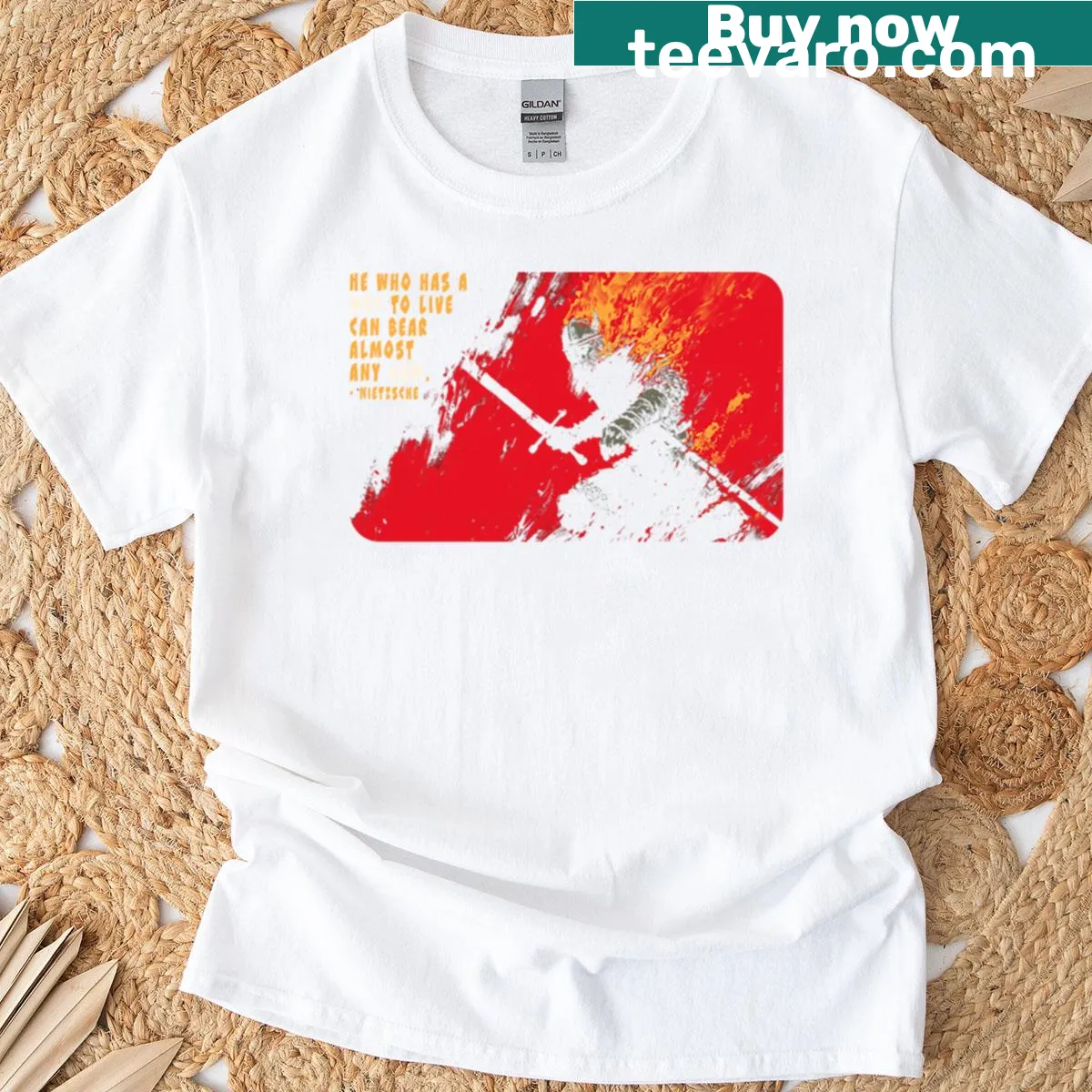 Philosophical t-shirt featuring Nietzsche quote about purpose — on a men's t-shirt