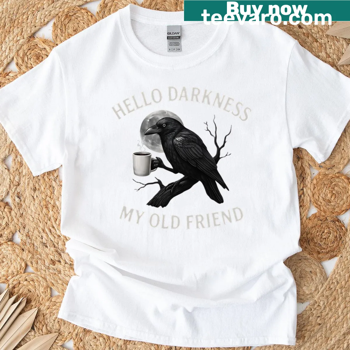 Spooky Halloween t-shirt featuring a crow and coffee design — on a men's t-shirt