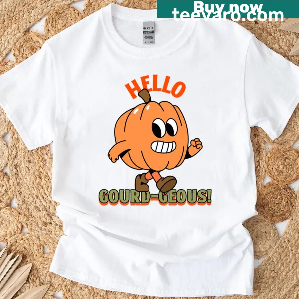 Cute autumn-themed t-shirt with 'Hello Gourd-geous' text design