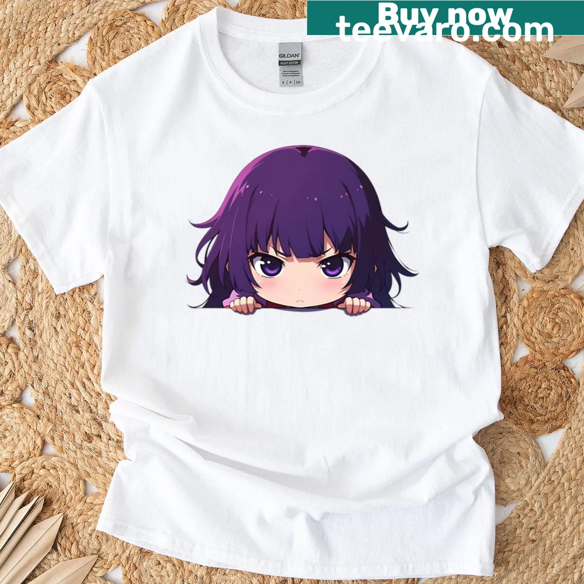 Chibi Hitagi Senjougahara peeking design on anime T-shirt — on a men's t-shirt
