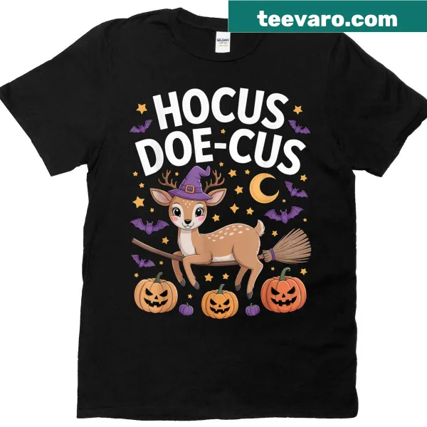Cute Halloween t-shirt featuring a deer with a witch hat and pumpkins