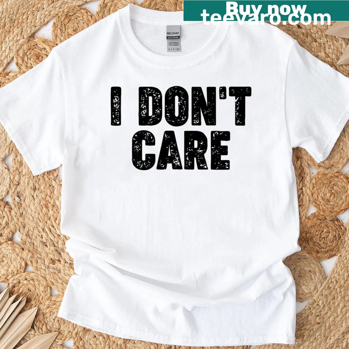 Bold typography T-shirt saying 'I Don't Care' — on a men's t-shirt