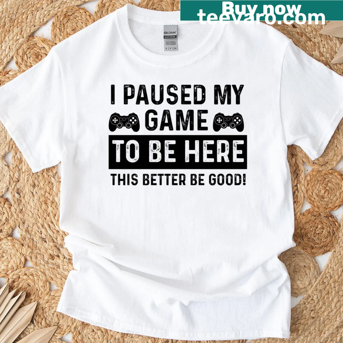 Funny gaming t-shirt with text I Paused My Game To Be Here. — on a men's t-shirt