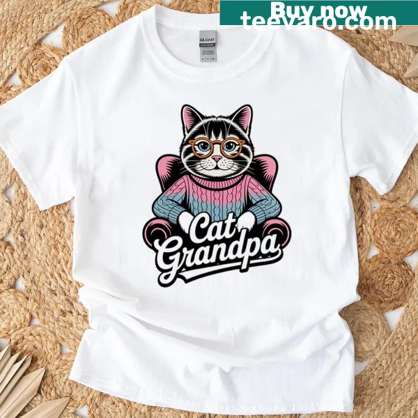 Retro distressed T-shirt for cat grandpas with 80s design.