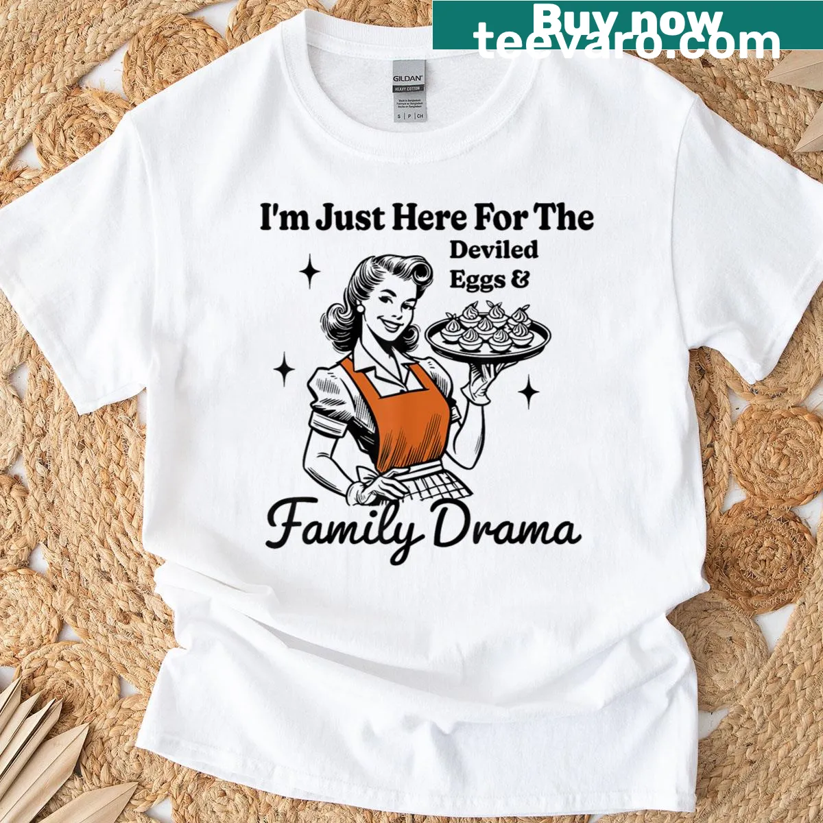 Funny Thanksgiving t-shirt saying 'I'm Just Here For The Deviled Eggs' — on a men's t-shirt