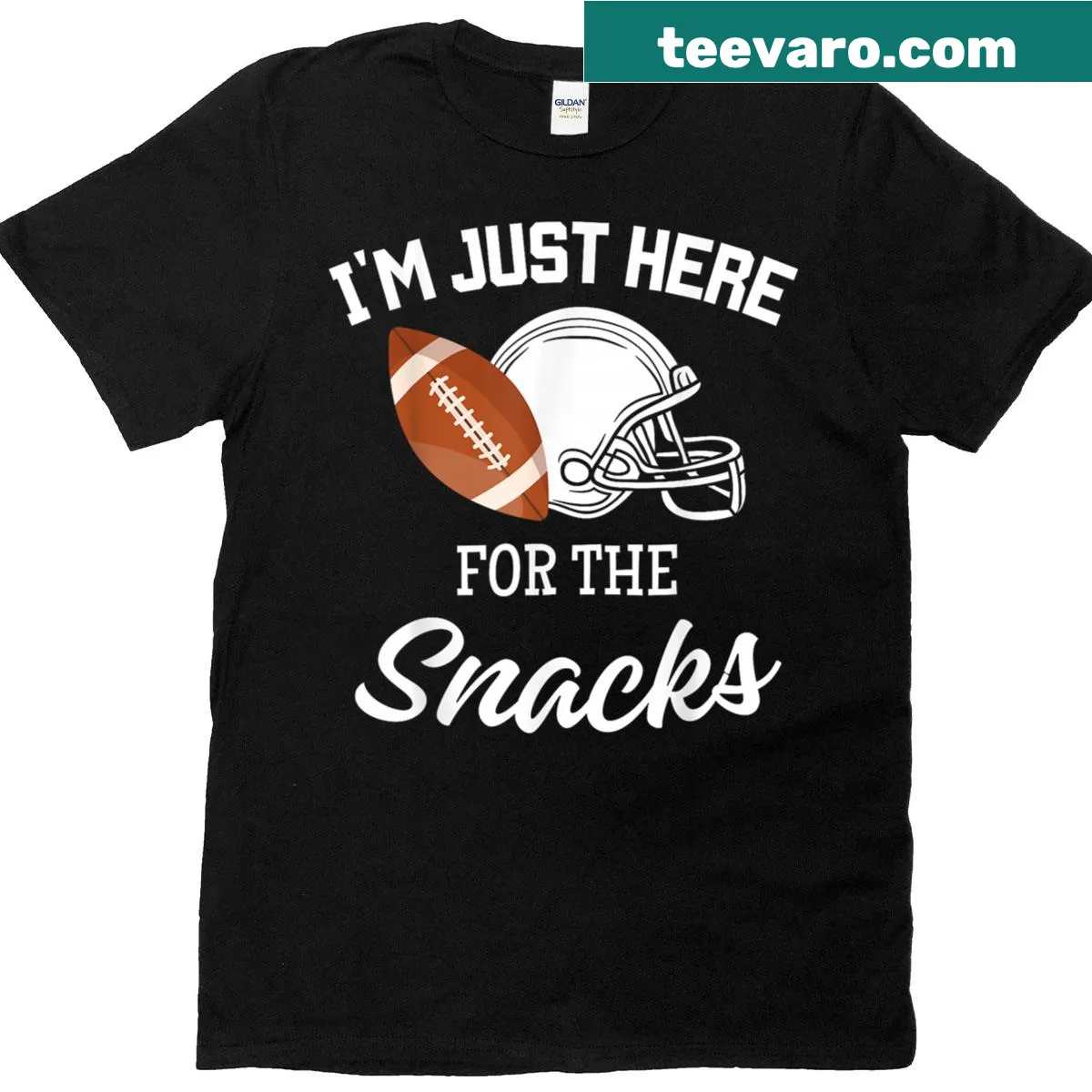 Funny football T-shirt saying 'I'm Just Here For The Snacks' — on a men's t-shirt