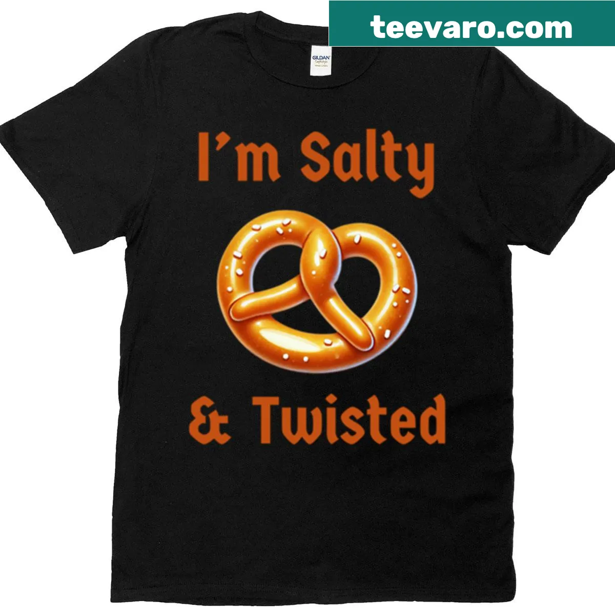 Funny pretzel pun t-shirt with I'm Salty And Twisted slogan — on a men's t-shirt