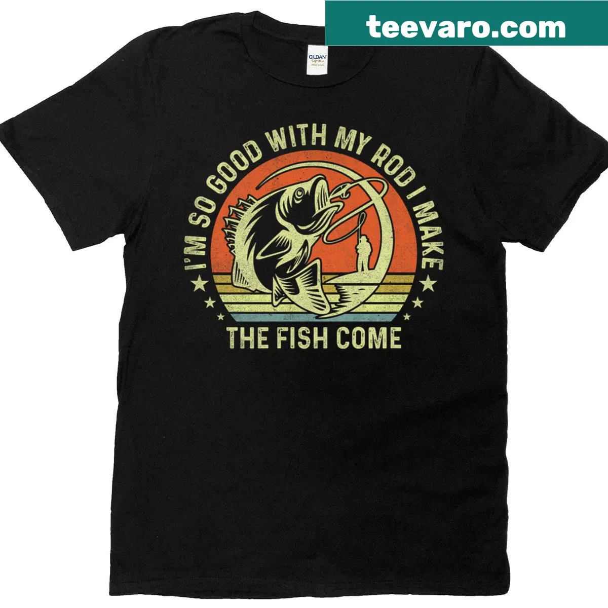Funny vintage-style fishing shirt with playful rod phrase — on a men's t-shirt